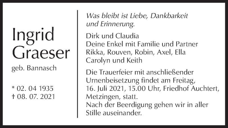  Traueranzeige für Ingrid Graeser vom 13.07.2021 aus Metzinger-Uracher Volksblatt