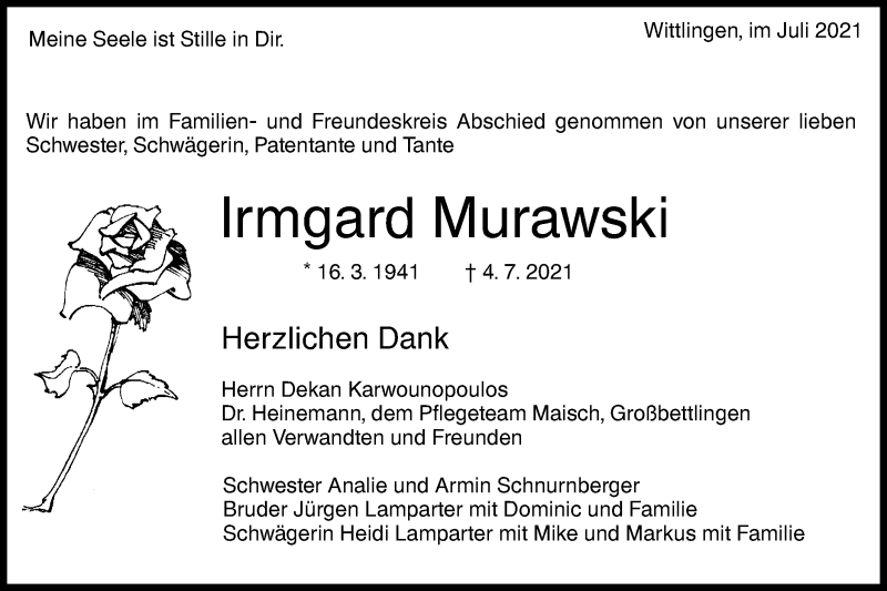  Traueranzeige für Irmgard Murawski vom 21.07.2021 aus Metzinger-Uracher Volksblatt