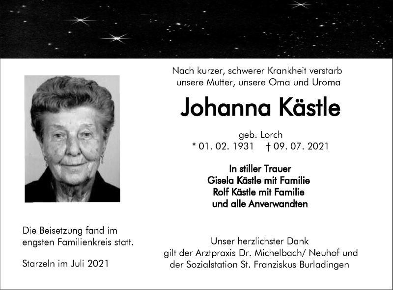  Traueranzeige für Johanna Kästle vom 20.07.2021 aus Metzinger-Uracher Volksblatt