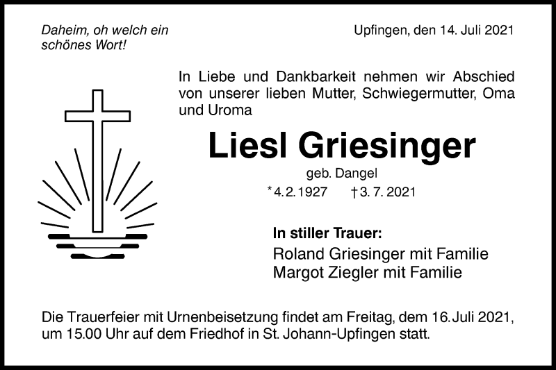  Traueranzeige für Liesl Griesinger vom 14.07.2021 aus Metzinger-Uracher Volksblatt