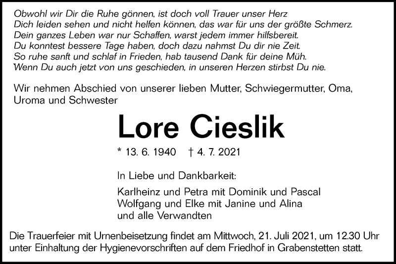  Traueranzeige für Lore Cieslik vom 10.07.2021 aus Alb-Bote/Metzinger-Uracher Volksblatt