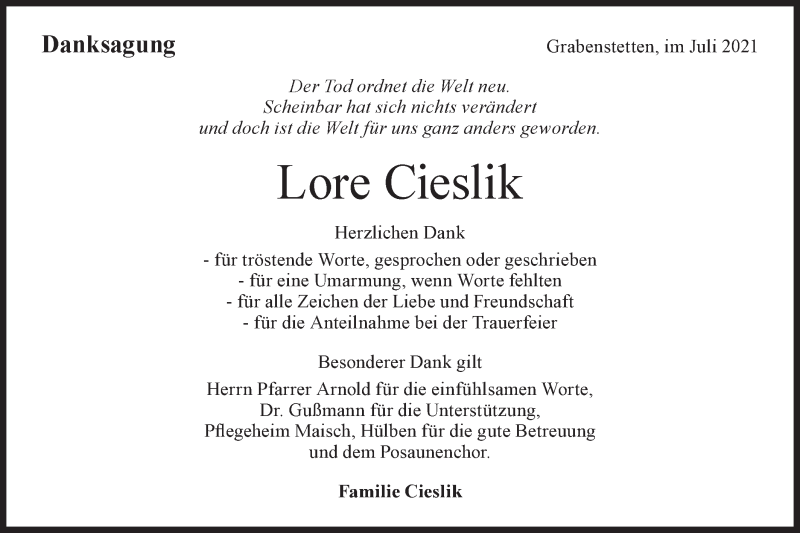  Traueranzeige für Lore Cieslik vom 24.07.2021 aus Alb-Bote/Metzinger-Uracher Volksblatt