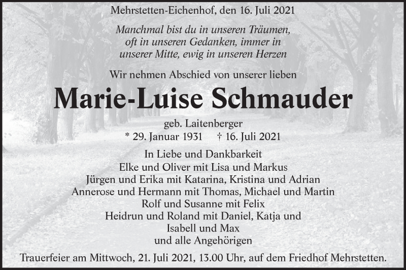 Traueranzeige für Marie-Luise Schmauder vom 20.07.2021 aus Metzinger-Uracher Volksblatt