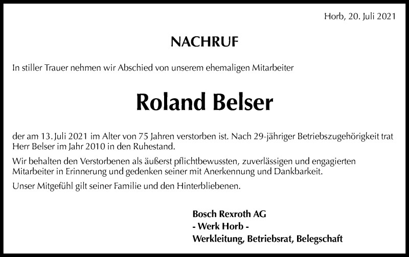  Traueranzeige für Roland Belser vom 20.07.2021 aus Metzinger-Uracher Volksblatt