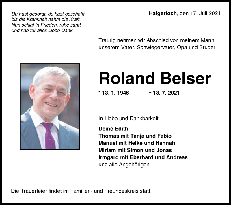  Traueranzeige für Roland Belser vom 17.07.2021 aus Metzinger-Uracher Volksblatt