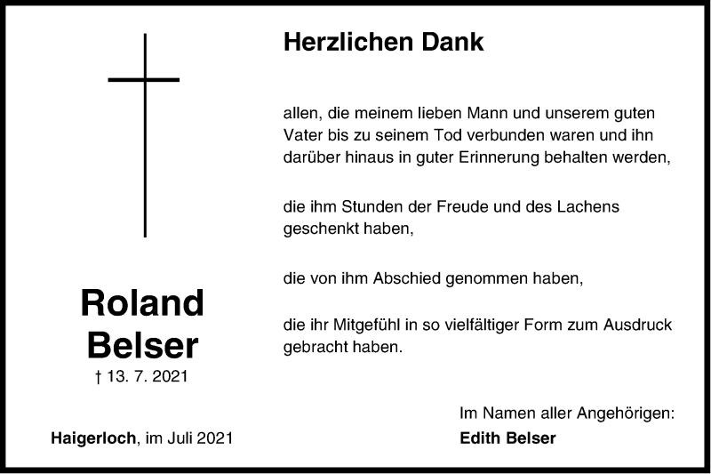  Traueranzeige für Roland Belser vom 29.07.2021 aus Metzinger-Uracher Volksblatt