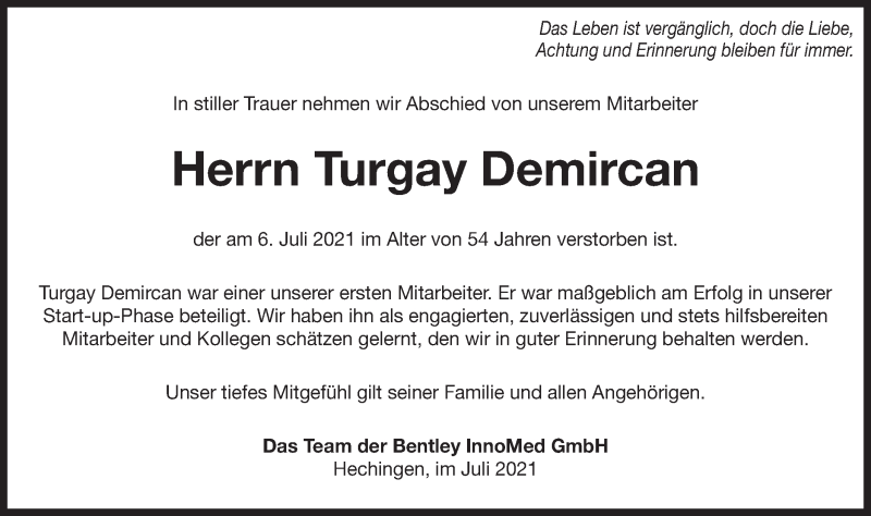  Traueranzeige für Turgay Demircan vom 10.07.2021 aus Metzinger-Uracher Volksblatt
