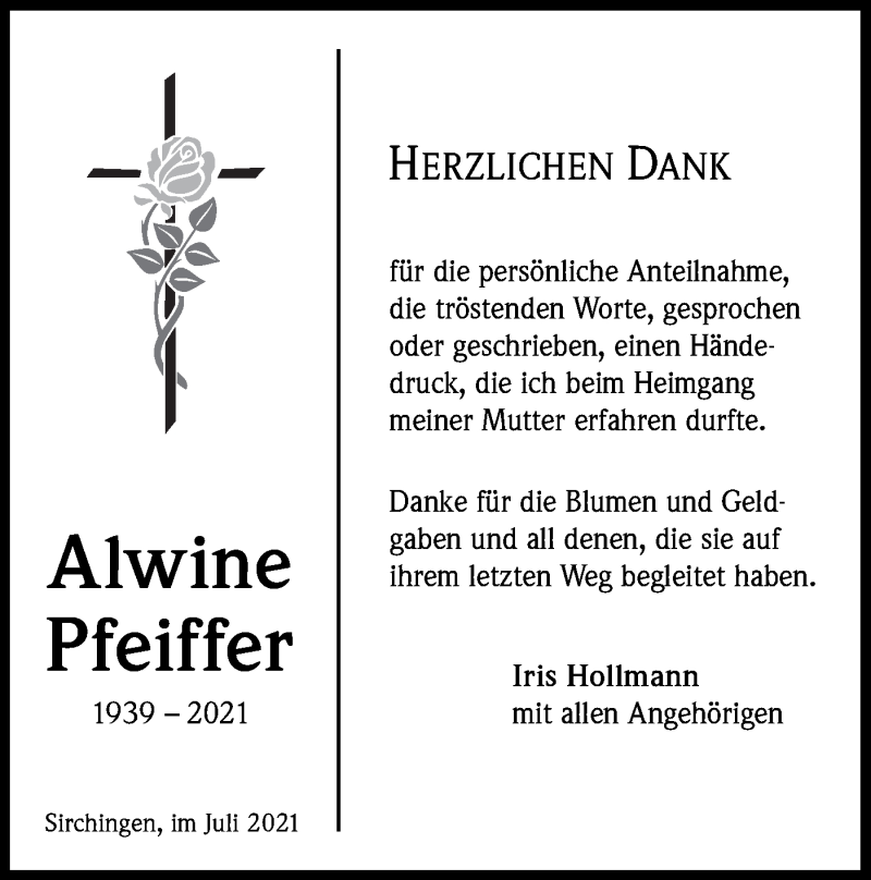  Traueranzeige für Alwine Pfeiffer vom 06.08.2021 aus Alb-Bote/Metzinger-Uracher Volksblatt