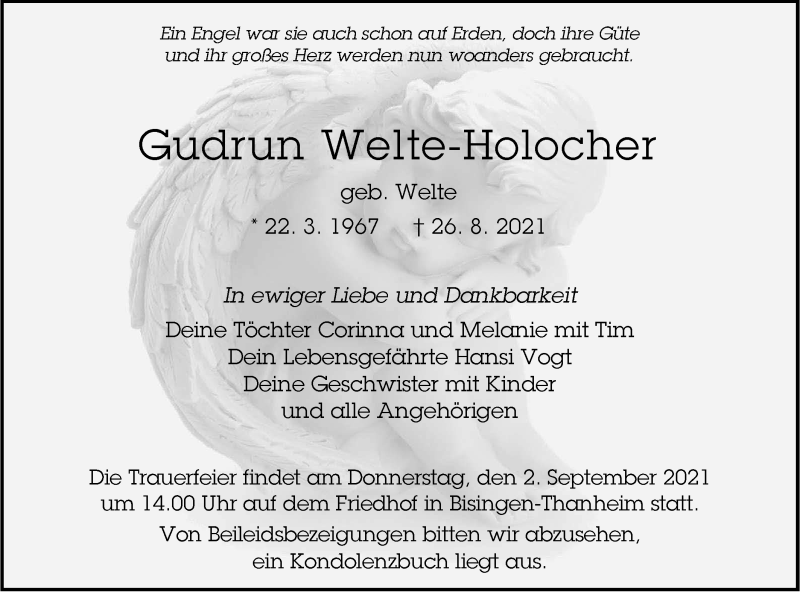  Traueranzeige für Gudrun Welte-Holocher vom 31.08.2021 aus Metzinger-Uracher Volksblatt