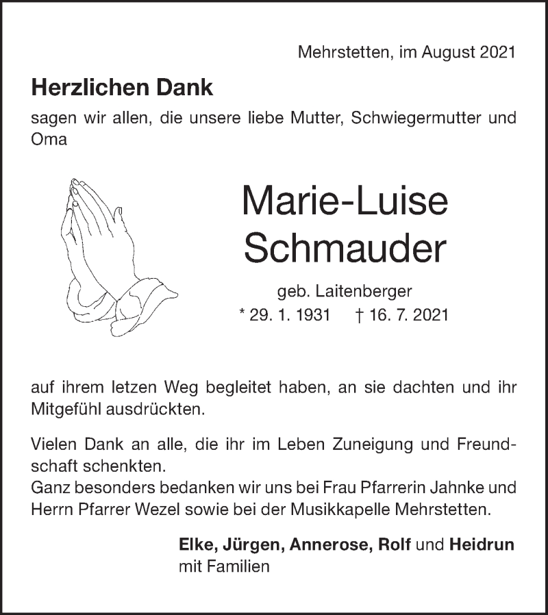  Traueranzeige für Marie-Luise Schmauder vom 20.08.2021 aus Alb-Bote/Metzinger-Uracher Volksblatt