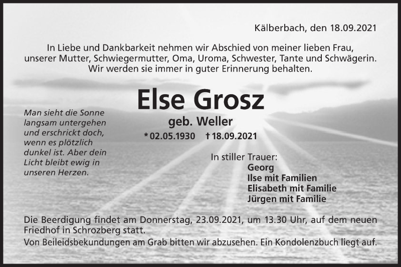  Traueranzeige für Else Grosz vom 21.09.2021 aus Hohenloher Tagblatt