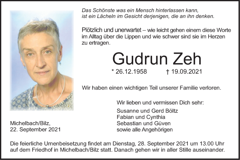  Traueranzeige für Gudrun Zeh vom 22.09.2021 aus Haller Tagblatt