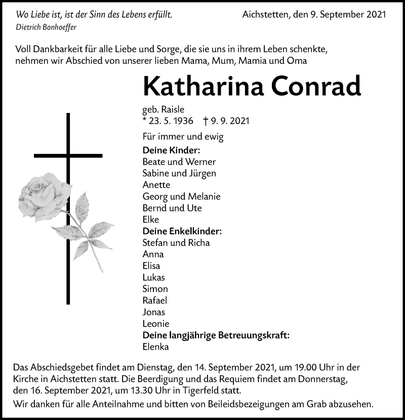  Traueranzeige für Katharina Conrad vom 14.09.2021 aus Alb-Bote/Metzinger-Uracher Volksblatt