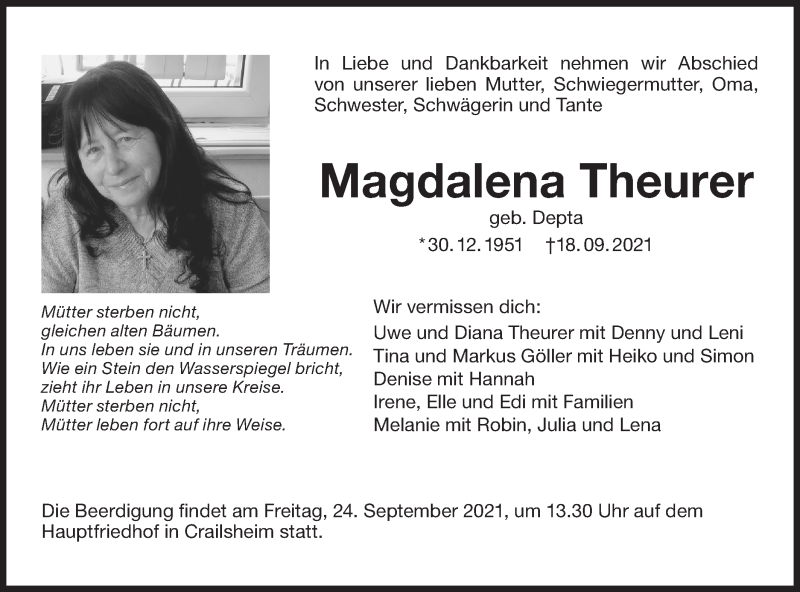  Traueranzeige für Magdalena Theurer vom 22.09.2021 aus Hohenloher Tagblatt