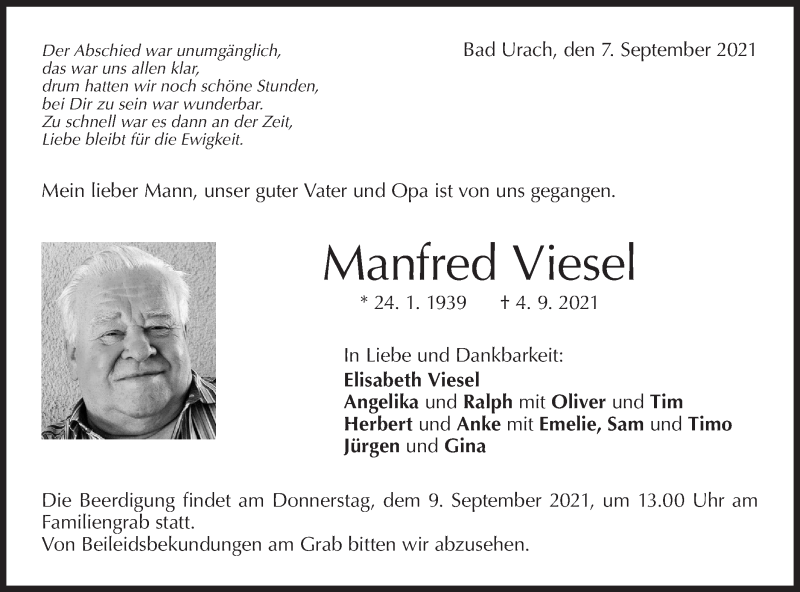  Traueranzeige für Manfred Viesel vom 07.09.2021 aus Metzinger-Uracher Volksblatt