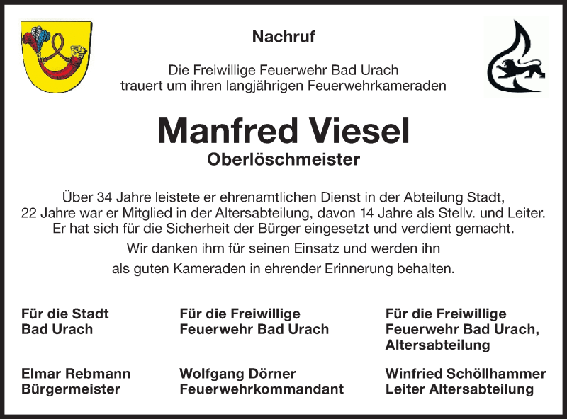  Traueranzeige für Manfred Viesel vom 08.09.2021 aus Metzinger-Uracher Volksblatt