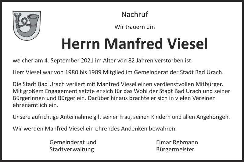  Traueranzeige für Manfred Viesel vom 08.09.2021 aus Metzinger-Uracher Volksblatt