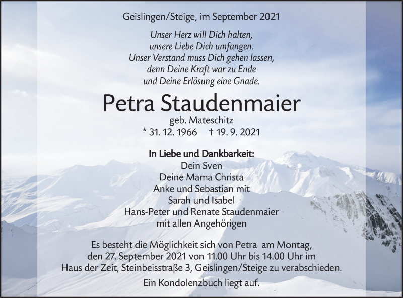  Traueranzeige für Petra Staudenmaier vom 22.09.2021 aus Geislinger Zeitung