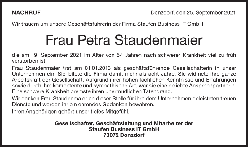 Traueranzeige für Petra Staudenmaier vom 25.09.2021 aus NWZ Neue Württembergische Zeitung/Geislinger Zeitung