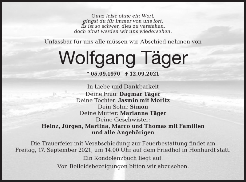  Traueranzeige für Wolfgang Täger vom 15.09.2021 aus Hohenloher Tagblatt