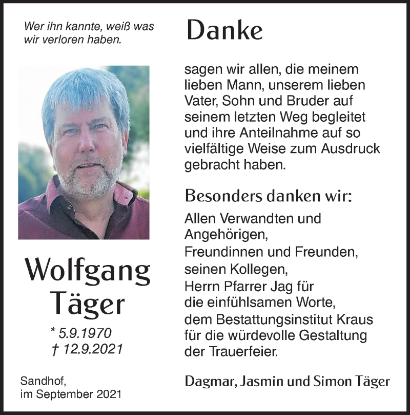  Traueranzeige für Wolfgang Täger vom 27.09.2021 aus Hohenloher Tagblatt