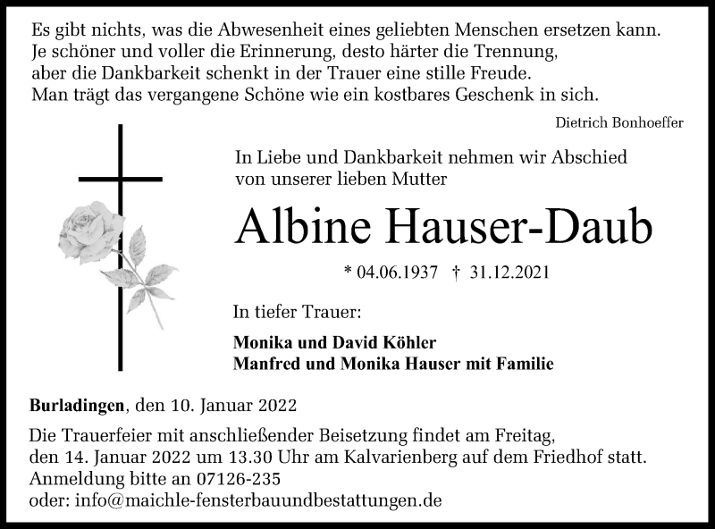  Traueranzeige für Albine Hauser-Daub vom 10.01.2022 aus Metzinger-Uracher Volksblatt