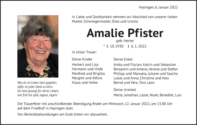  Traueranzeige für Amalie Pfister vom 11.01.2022 aus Alb-Bote/Metzinger-Uracher Volksblatt