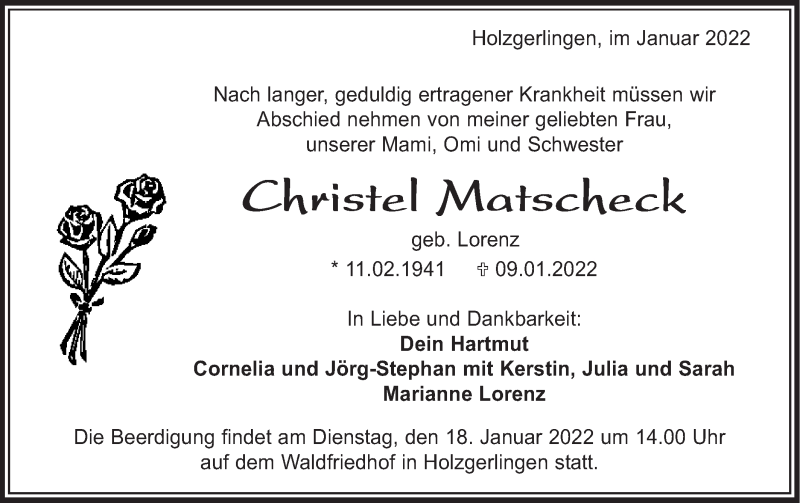  Traueranzeige für Christel Matscheck vom 13.01.2022 aus Metzinger-Uracher Volksblatt