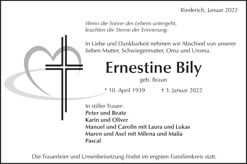  Traueranzeige für Ernestine Bily vom 07.01.2022 aus Metzinger-Uracher Volksblatt