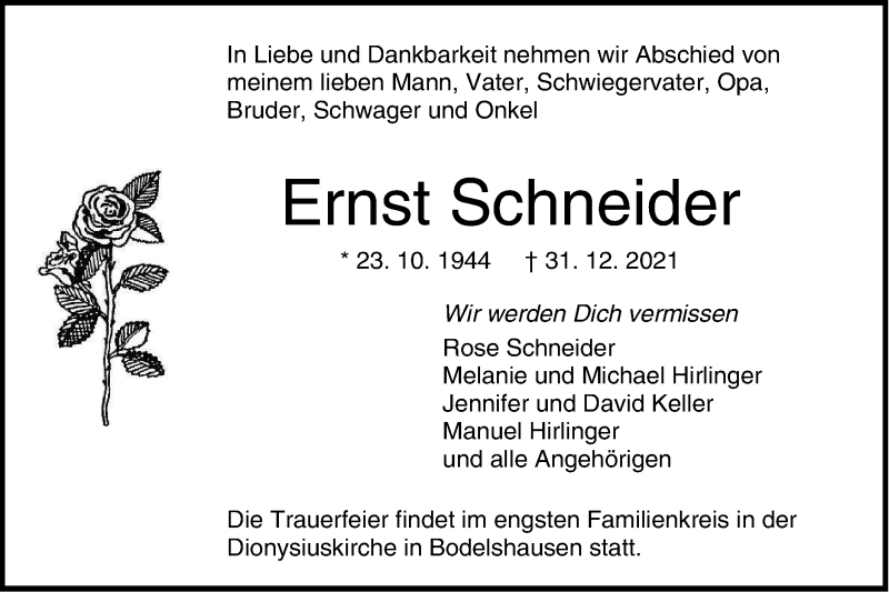  Traueranzeige für Ernst Schneider vom 04.01.2022 aus Metzinger-Uracher Volksblatt