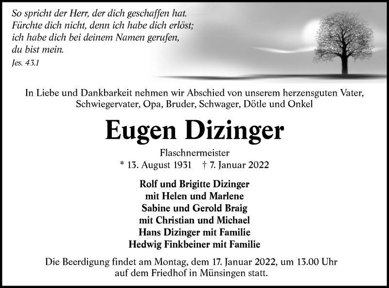  Traueranzeige für Eugen Dizinger vom 12.01.2022 aus Alb-Bote/Metzinger-Uracher Volksblatt