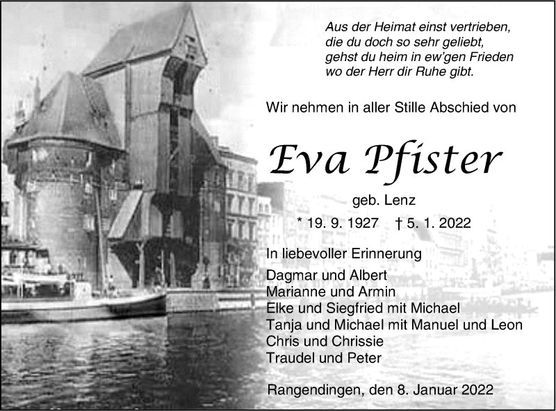  Traueranzeige für Eva Pfister vom 08.01.2022 aus Metzinger-Uracher Volksblatt
