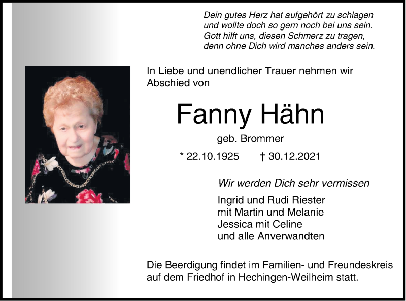  Traueranzeige für Fanny Hähn vom 04.01.2022 aus Metzinger-Uracher Volksblatt
