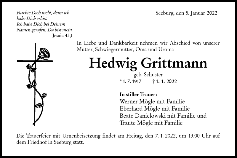  Traueranzeige für Hedwig Grittmann vom 05.01.2022 aus Metzinger-Uracher Volksblatt