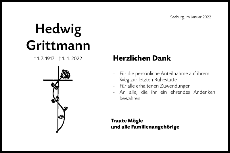  Traueranzeige für Hedwig Grittmann vom 12.01.2022 aus Metzinger-Uracher Volksblatt