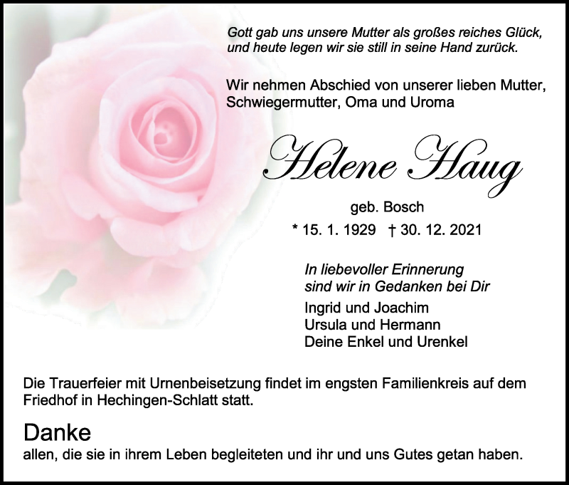  Traueranzeige für Helene Haug vom 05.01.2022 aus Metzinger-Uracher Volksblatt