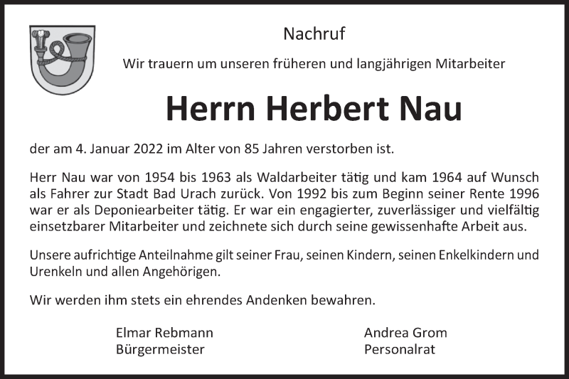  Traueranzeige für Herbert Nau vom 14.01.2022 aus Metzinger-Uracher Volksblatt