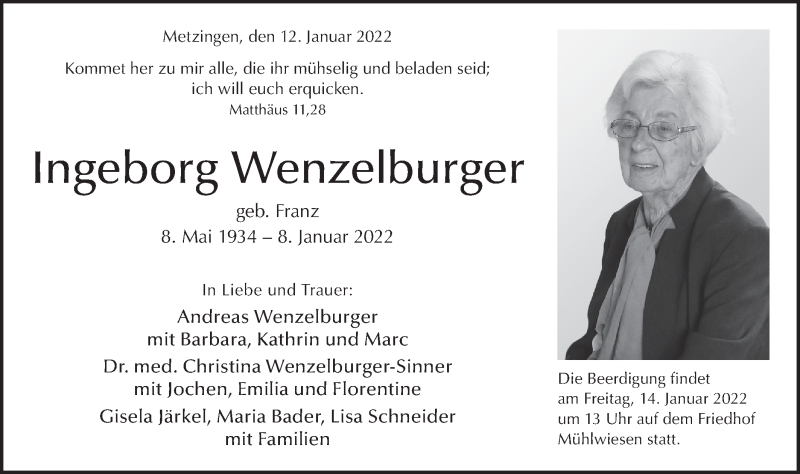  Traueranzeige für Ingeborg Wenzelburger vom 12.01.2022 aus Metzinger-Uracher Volksblatt
