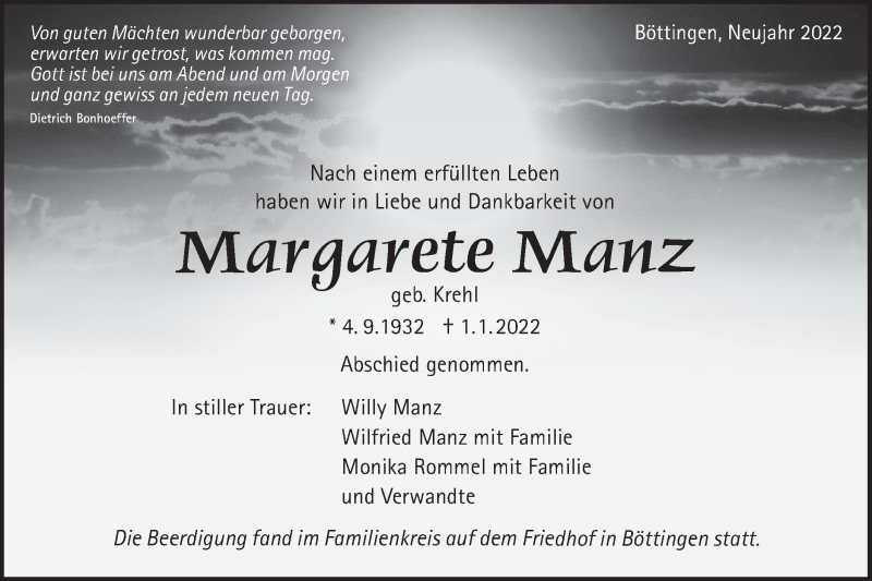  Traueranzeige für Margarete Manz vom 13.01.2022 aus Alb-Bote/Metzinger-Uracher Volksblatt