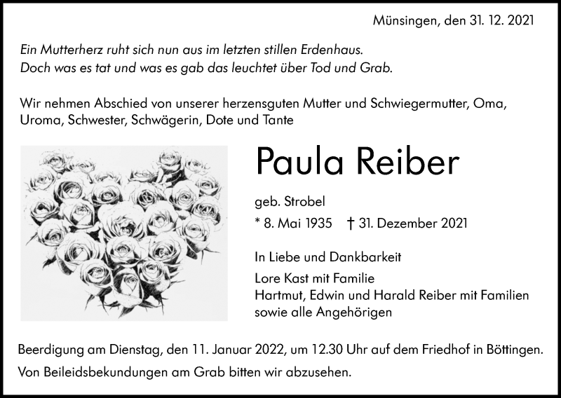  Traueranzeige für Paula Reiber vom 07.01.2022 aus Alb-Bote/Metzinger-Uracher Volksblatt