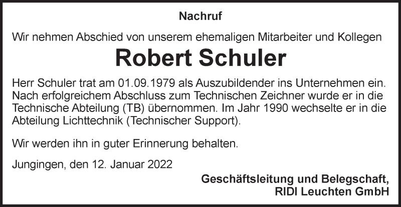  Traueranzeige für Robert Schuler vom 13.01.2022 aus Metzinger-Uracher Volksblatt
