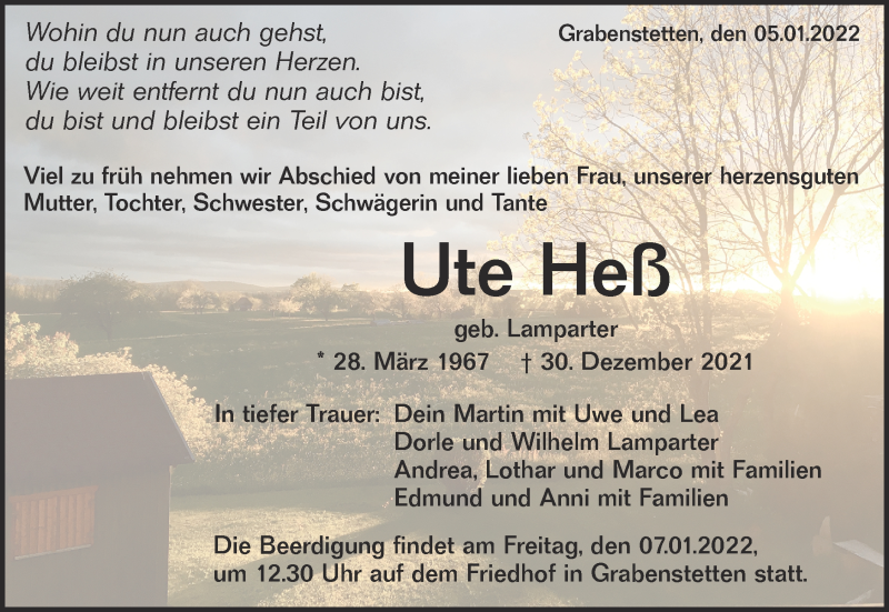 Traueranzeige für Ute Heß vom 05.01.2022 aus Metzinger-Uracher Volksblatt