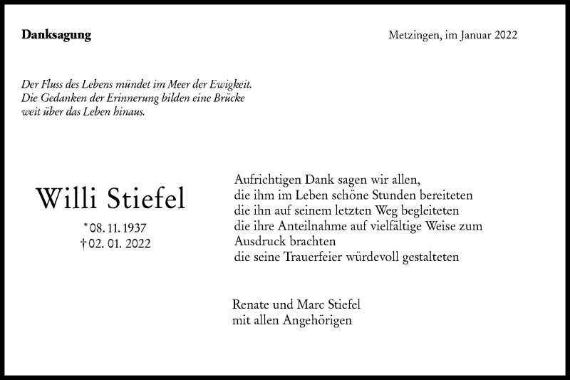  Traueranzeige für Willi Stiefel vom 21.01.2022 aus Metzinger-Uracher Volksblatt