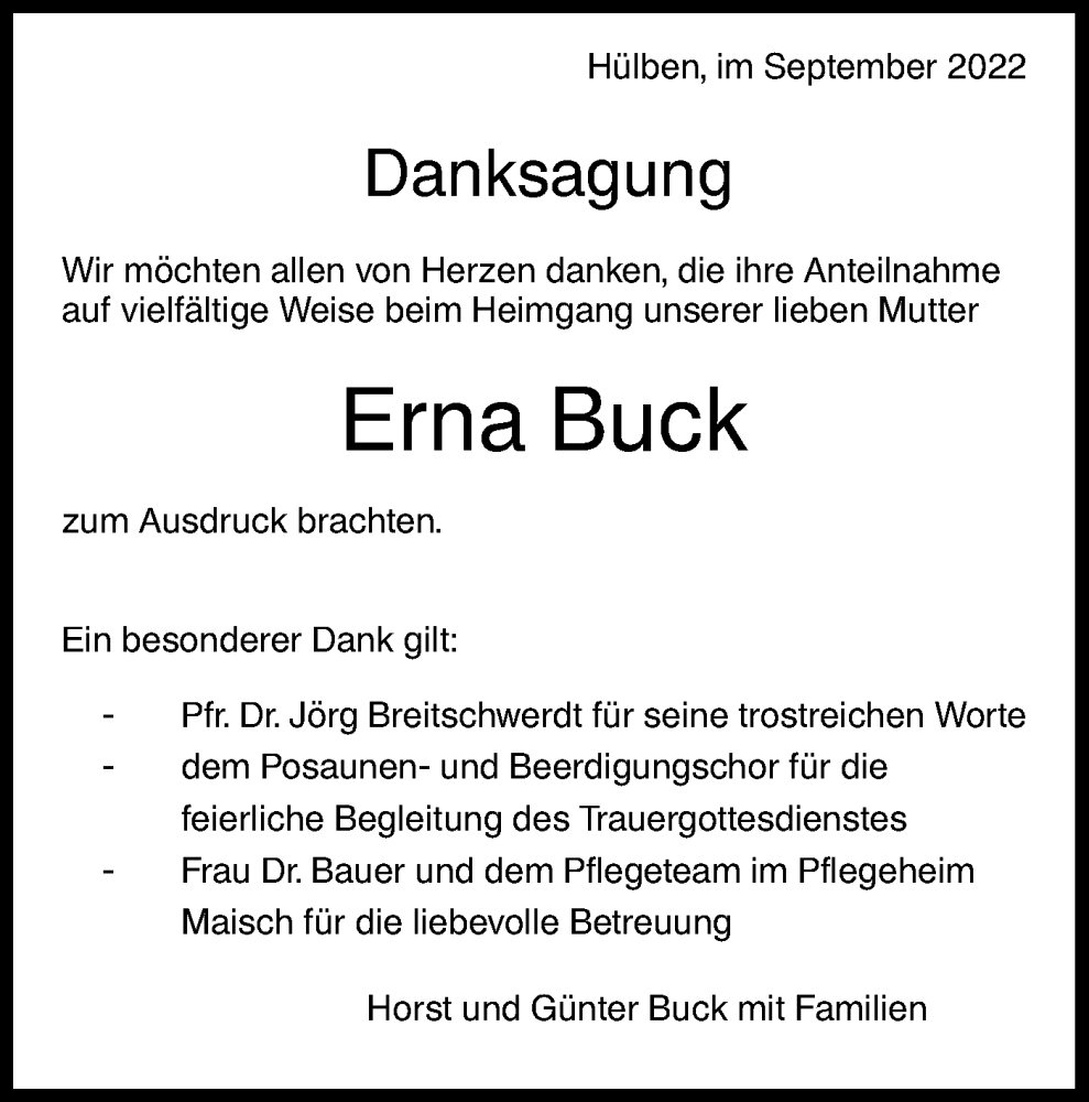  Traueranzeige für Erna Buck vom 05.10.2022 aus Metzinger-Uracher Volksblatt