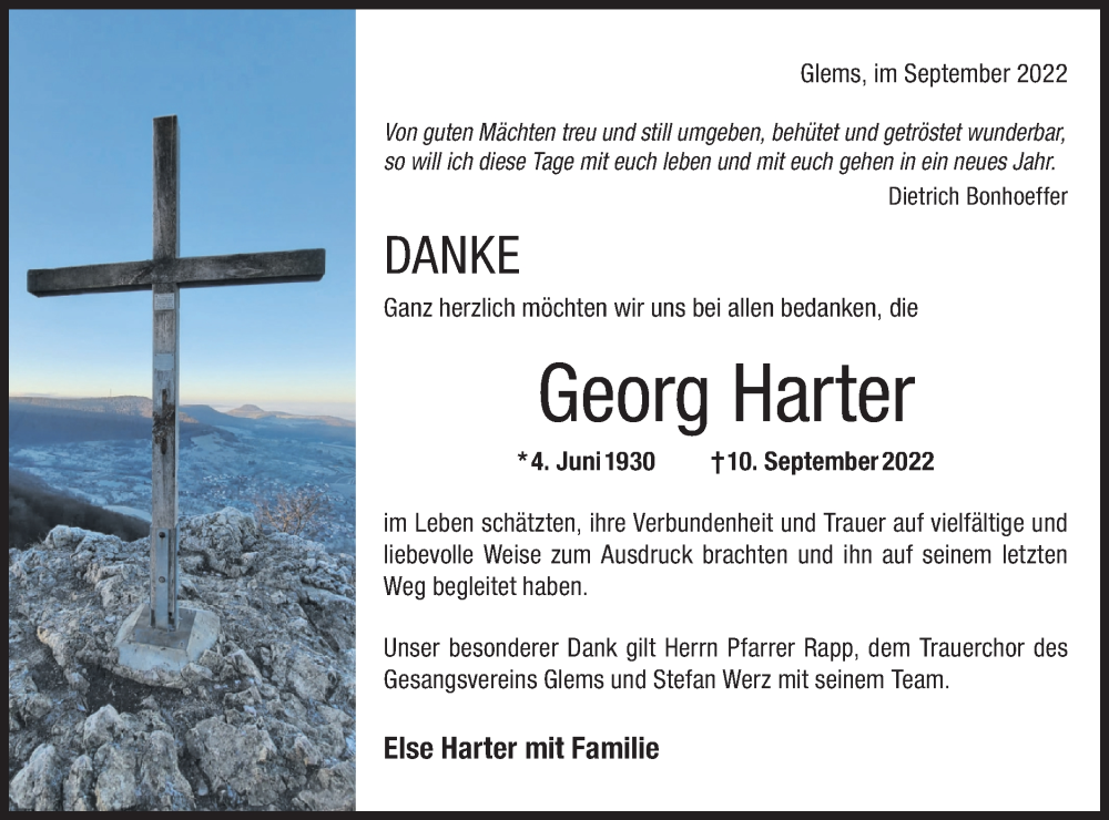  Traueranzeige für Georg Harter vom 01.10.2022 aus Metzinger-Uracher Volksblatt