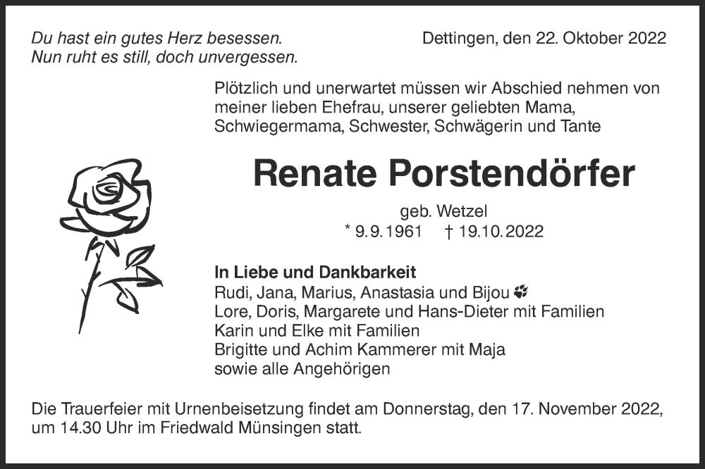  Traueranzeige für Renate Porstendörfer vom 22.10.2022 aus Metzinger-Uracher Volksblatt