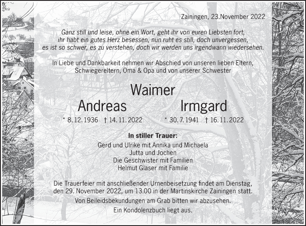  Traueranzeige für Andreas Waimer vom 23.11.2022 aus Alb-Bote/Metzinger-Uracher Volksblatt