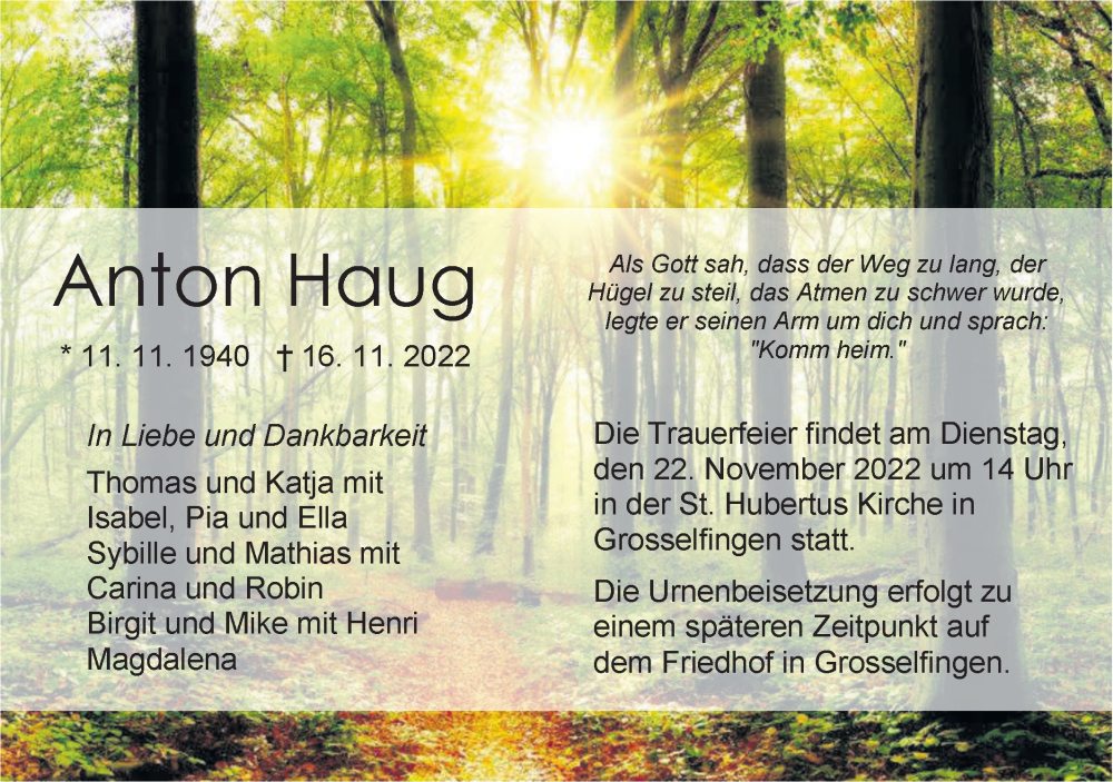  Traueranzeige für Anton Haug vom 19.11.2022 aus Metzinger-Uracher Volksblatt