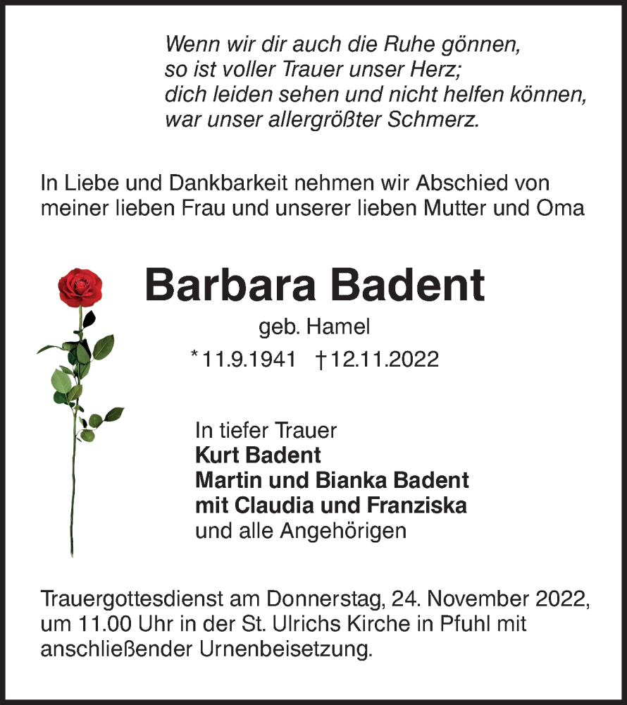  Traueranzeige für Barbara Badent vom 19.11.2022 aus SÜDWEST PRESSE Ausgabe Ulm/Neu-Ulm