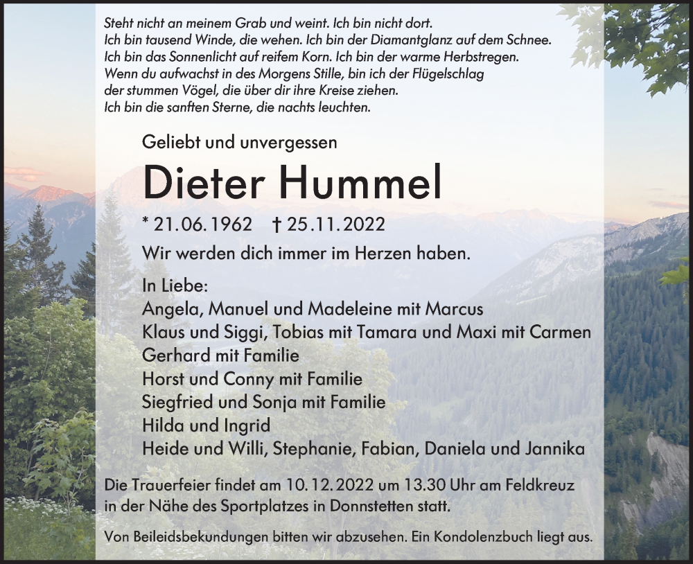  Traueranzeige für Dieter Hummel vom 01.12.2022 aus Alb-Bote/Metzinger-Uracher Volksblatt